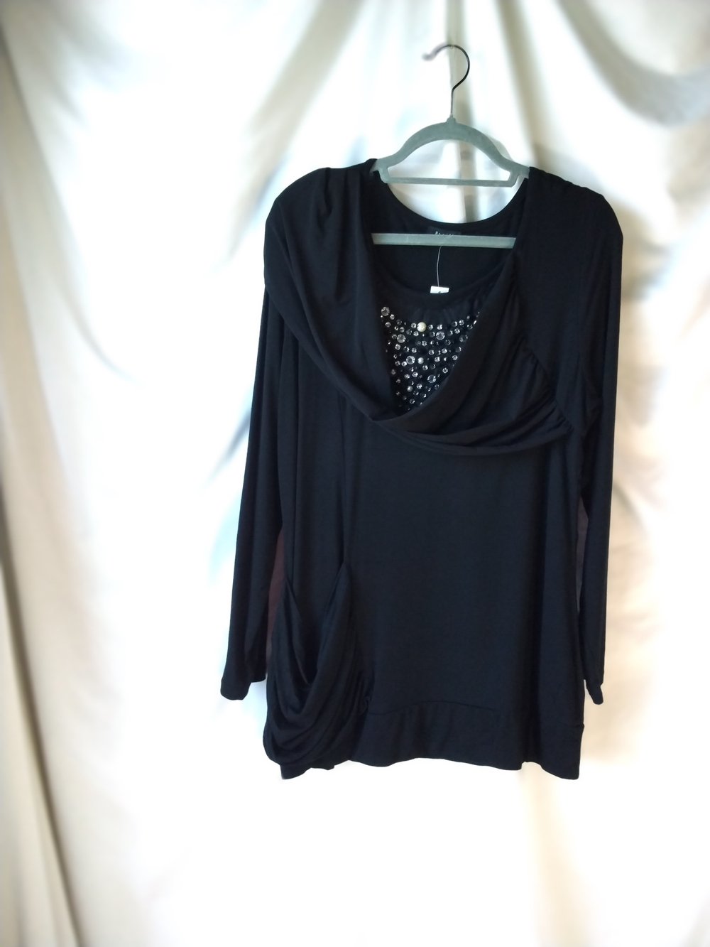 Black Long-Sleeve Draped Tunic with Embellished Yoke